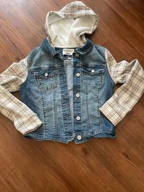 WallFlower The Dreamer Fit Denim Jacket with Plaid Hoodie and Sleeves